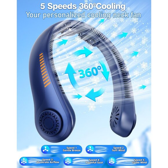 Personal Neck Fan Rechargeable 5-Speed Quiet Lightweight Cooling Blue - Picture 2 of 7